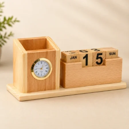 Wooden Calender Stand With Clock